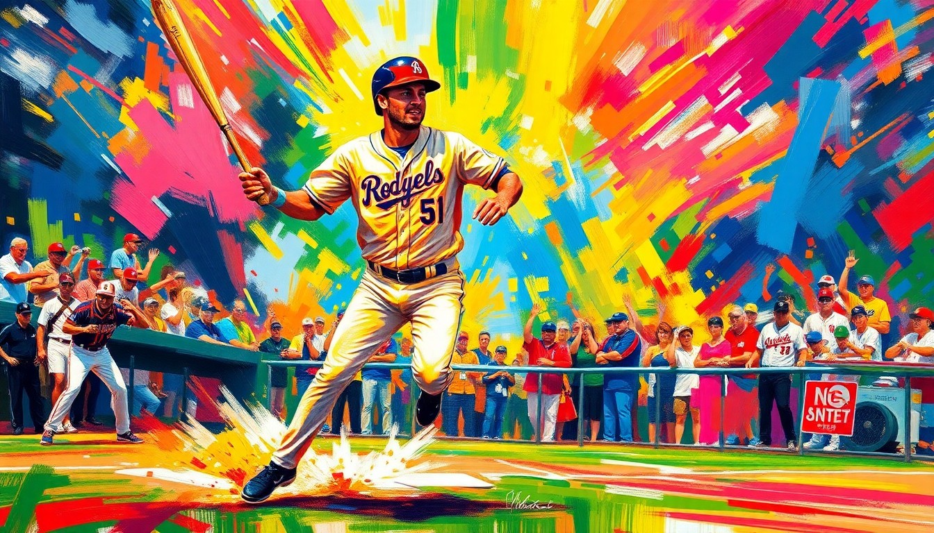 An abstract, energetic painting using vibrant neon brushstrokes to capture the celebratory moment of a baseball player rounding the bases after a game-winning hit, conveying the raw athletic excitement of the Athletics' series victory.