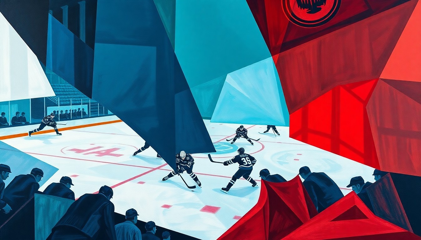 A fractured, multi-perspective painting in the style of Pablo Picasso, breaking a hockey game down into sharp, overlapping geometric planes of navy blue, teal, and crimson red, capturing the Kraken's inability to find consistency and win critical games.