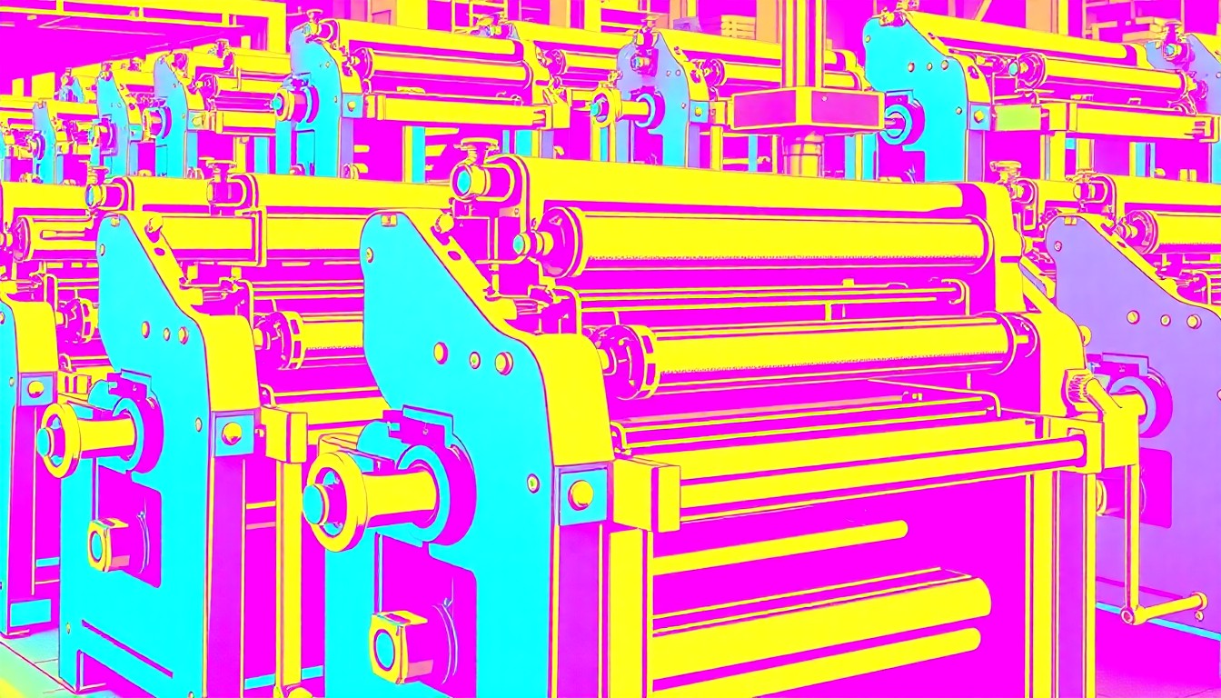 A bold, stylized illustration composed of a repeating pattern of a vintage printing press in neon blue, pink, and yellow, capturing the energy and impact of the printed Declaration of Independence.