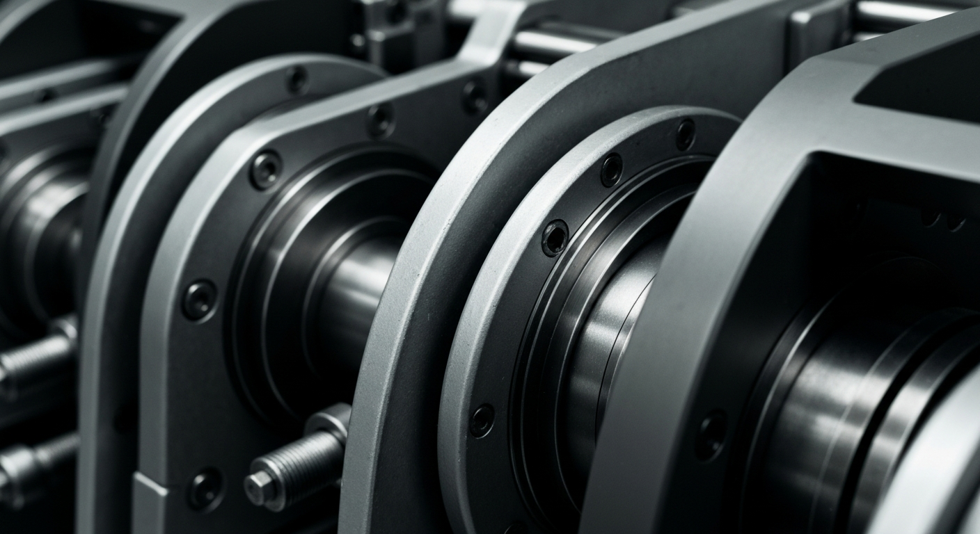 An extreme close-up photograph of heavy, industrial banking equipment and machinery in muted tones of steel grey, silver, and black, conveying a sense of institutional solidity and financial infrastructure.