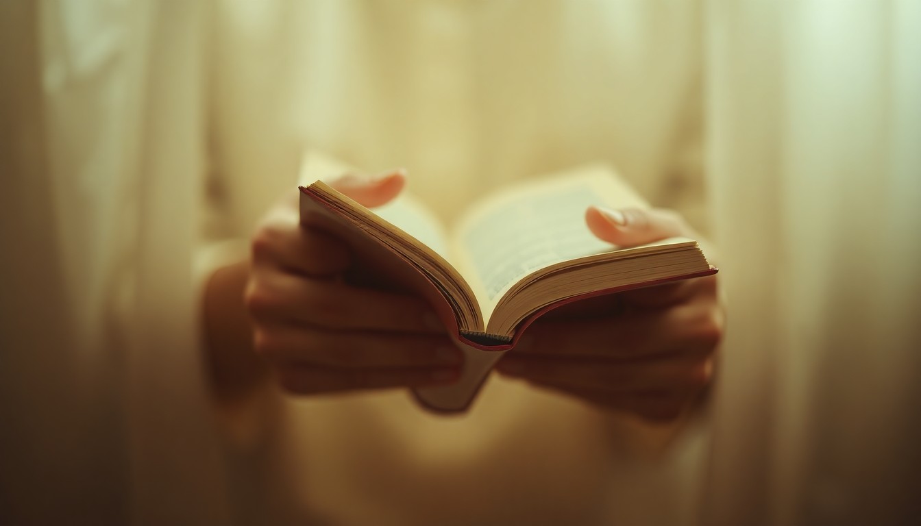 An abstract, out-of-focus photograph in warm tones depicting a person's hands holding a book, conveying a sense of introspection and the quiet strength of the human spirit.