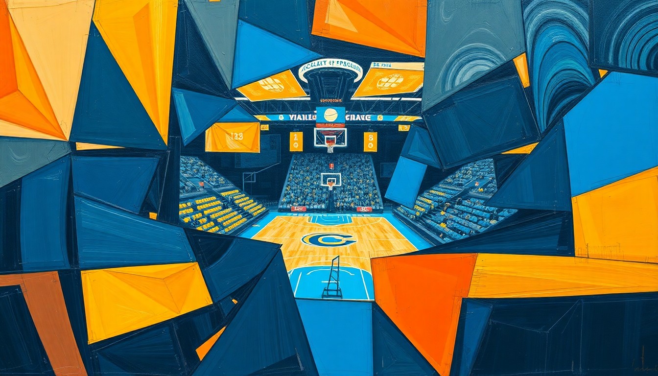 A cubist, geometric illustration depicting the chaotic action of a college basketball game, with players and the court fragmented into overlapping angular shapes in the colors of the University of Michigan.