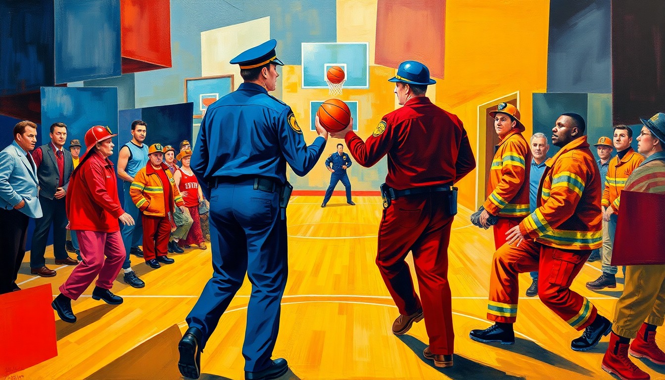A cubist-style painting depicting a basketball game between two teams of police officers and firefighters, their figures fragmented into sharp, overlapping geometric shapes in a vibrant color palette, conveying the energy and community spirit of the event.