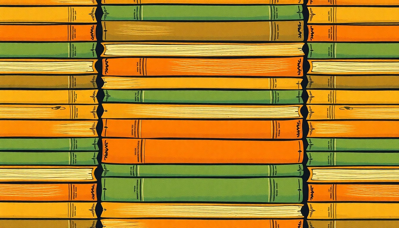 A grid of stylized, silkscreen-like images depicting a stack of old, weathered books in warm, earthy tones, representing the lifelong love of reading that has sustained Virgie Jean Gasaway throughout her 100 years.