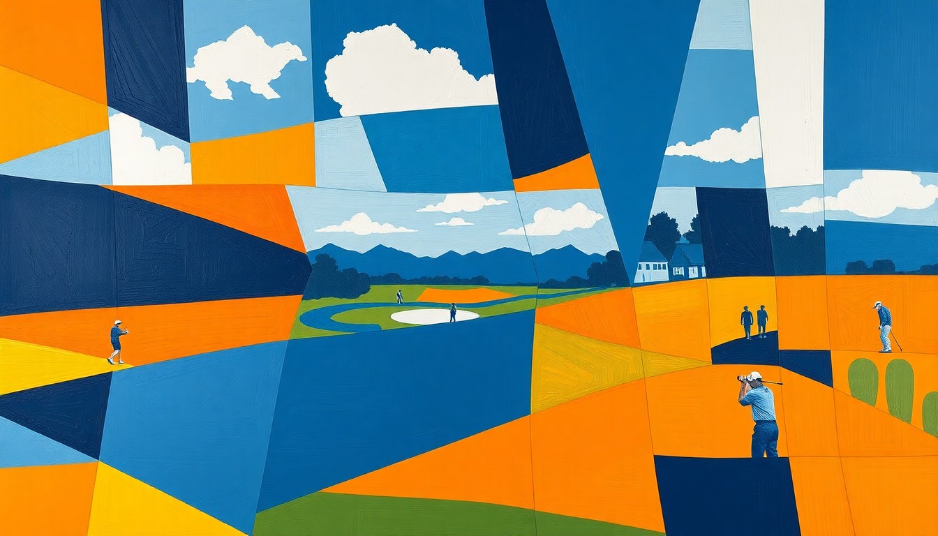 A cubist, geometric painting depicting a fragmented golf tournament scene in navy blue and orange, the official colors of Maryville College.