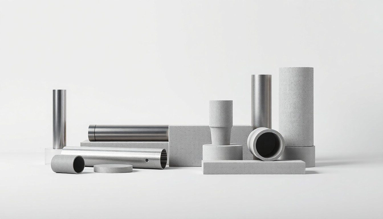 A high-end studio still life featuring a collection of sleek, polished metal and concrete construction materials arranged elegantly on a clean, monochromatic background, conceptually representing the materials and planning involved in a major infrastructure project.