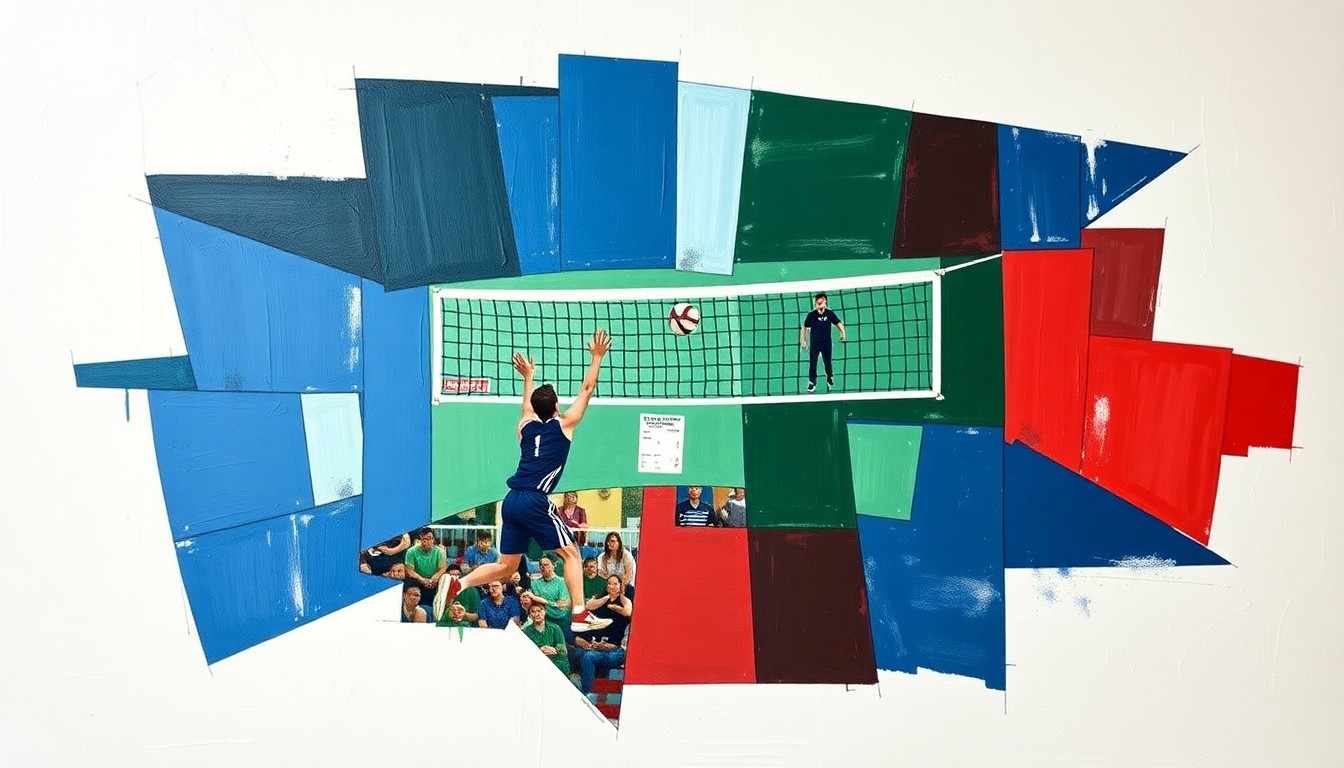 A fragmented, geometric painting depicting the dynamic action of a boys' volleyball game through sharp, overlapping shapes and planes in a color palette of navy, green, and red.