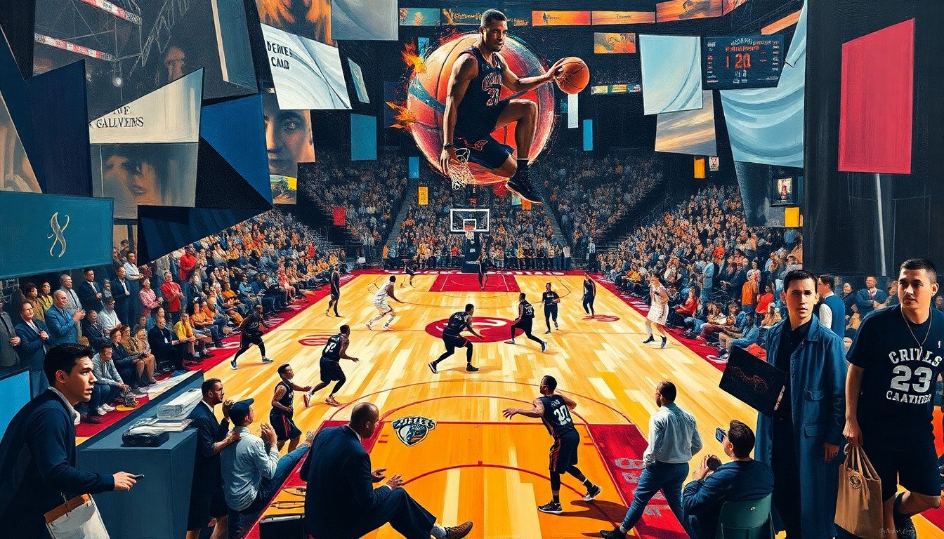 A cubist, geometric painting depicting a basketball game in progress, with players and the ball represented as fragmented, overlapping shapes and planes in a vibrant color palette.