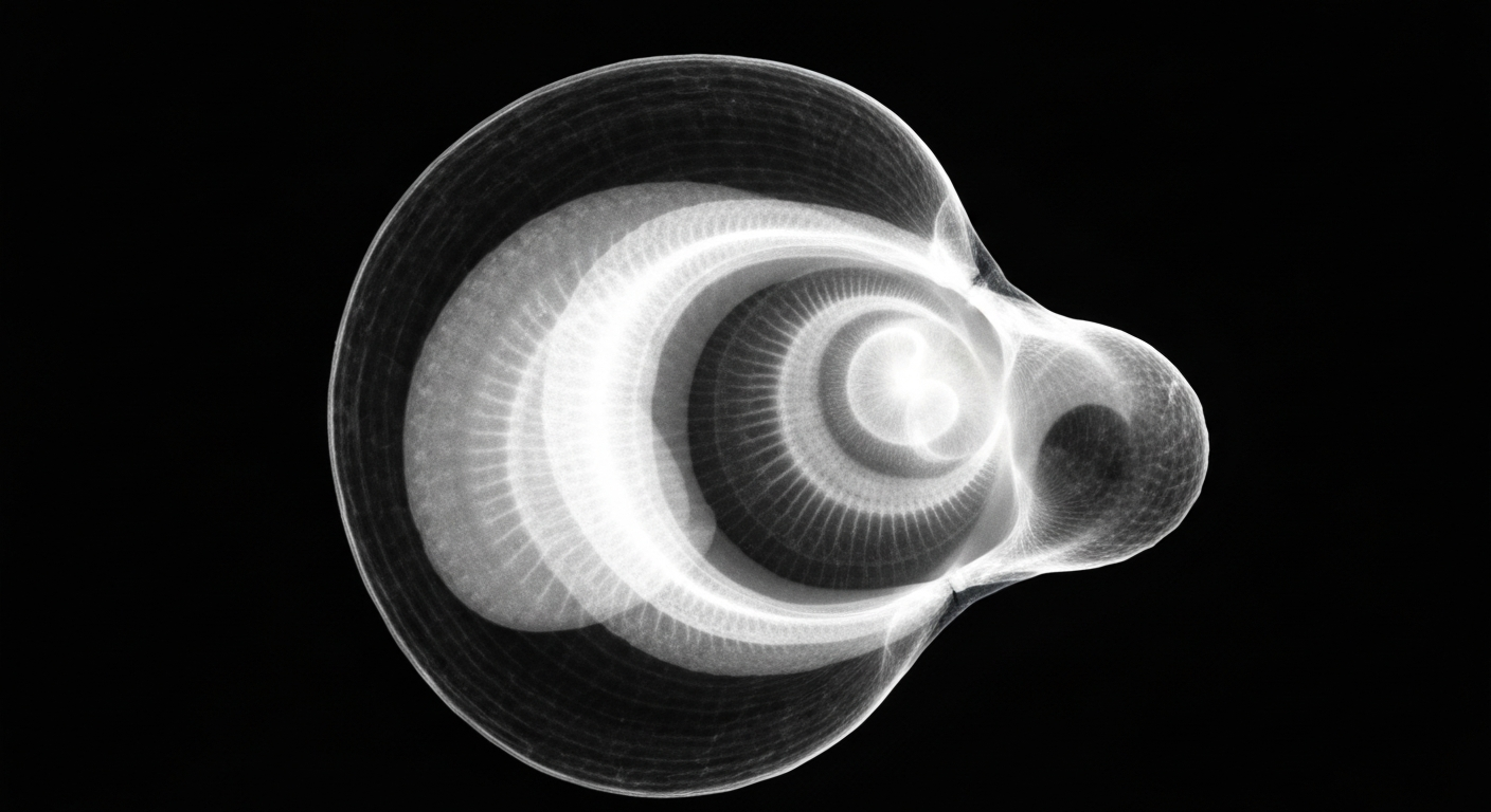 An extreme close-up X-ray photograph of the translucent internal structures of a shellfish, conceptually illustrating the hidden dangers of toxic algal blooms.