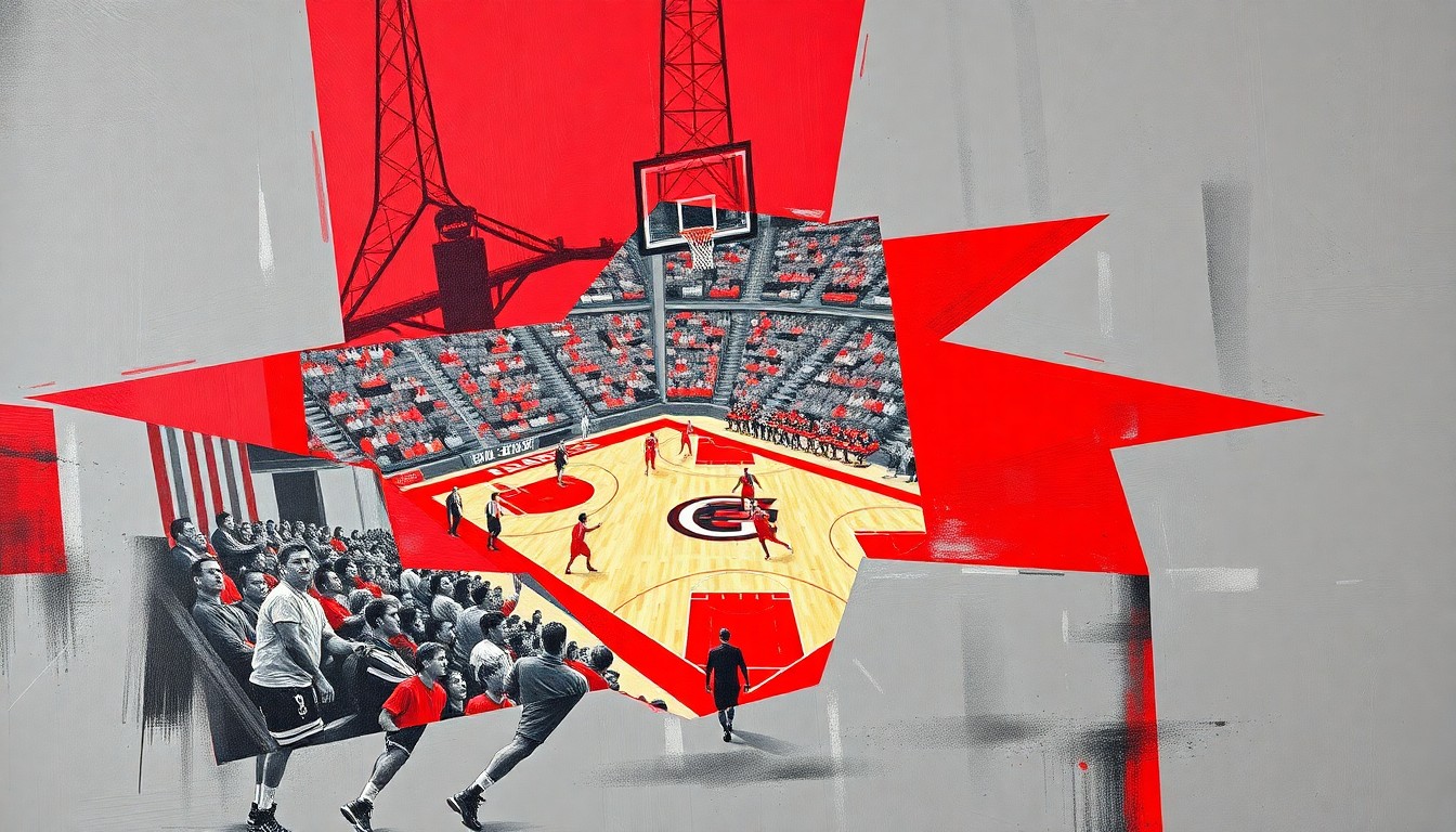 A fragmented, geometric painting in shades of red and gray, depicting a college basketball game broken down into sharp, overlapping planes, conceptually representing the upheaval in UNLV sports and the NCAA's NIL policies.