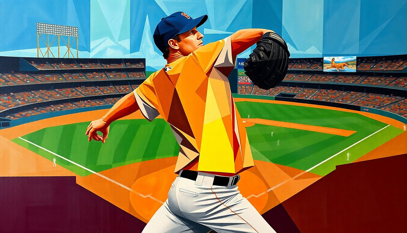 A cubist, geometric painting depicting a baseball pitcher's windup and delivery, with the player's form broken down into overlapping planes of color and abstract shapes against a fragmented background of a baseball diamond and stadium.