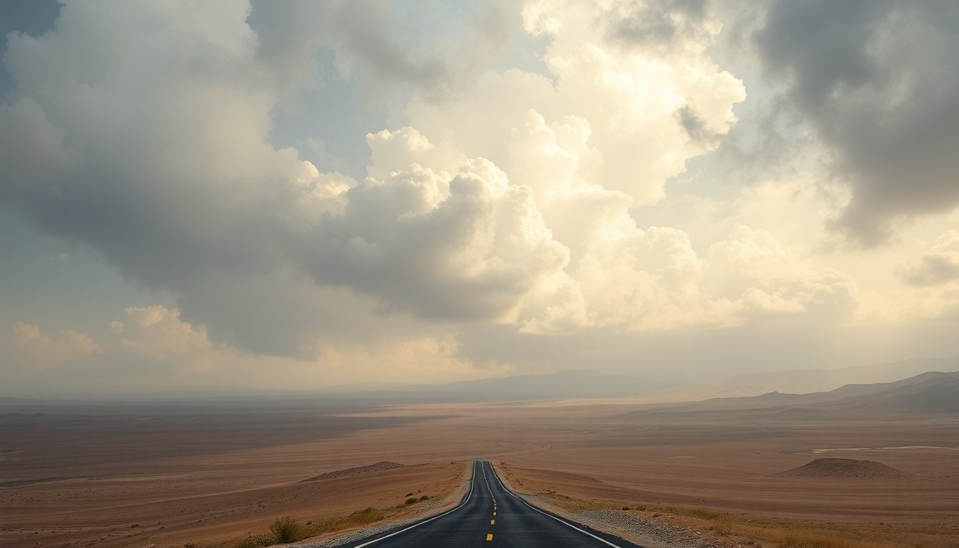 A vast, majestic landscape painting in muted earth tones, with a winding desert road cutting through the foreground dwarfed by an expansive, hazy sky, conveying the sublime scale of the natural world.