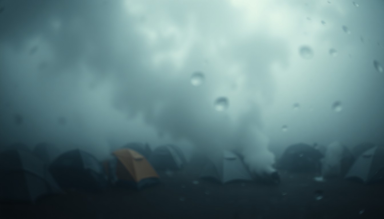 An abstract, out-of-focus scene depicting a homeless encampment shrouded in billowing smoke, conveying a sense of melancholy and the urgent need for solutions to the city's homelessness crisis.