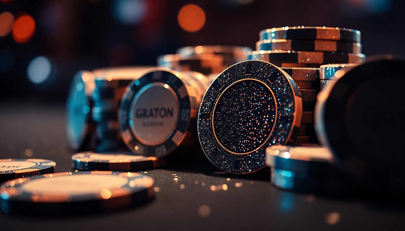 An extreme close-up photograph of shimmering casino chips in a dramatic, high-contrast studio lighting setup, conveying the luxurious, high-end aesthetic of the Graton Resort & Casino expansion.