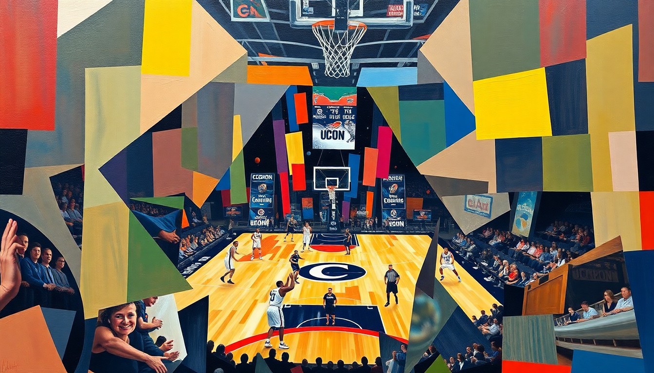 A cubist, geometric painting depicting a fragmented, multi-perspective view of a college basketball game, with the vibrant colors of the UConn team's uniforms and the court creating a dynamic, abstract composition.