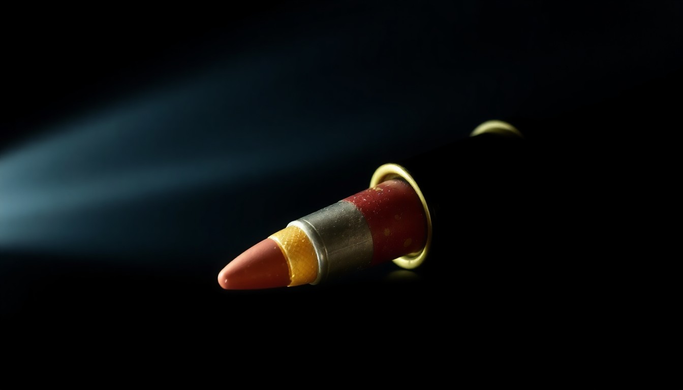 An extreme close-up photograph of a bullet casing or other physical evidence from the crime scene, lit by a harsh, direct camera flash against a pitch-black background, creating a stark, gritty, investigative aesthetic.