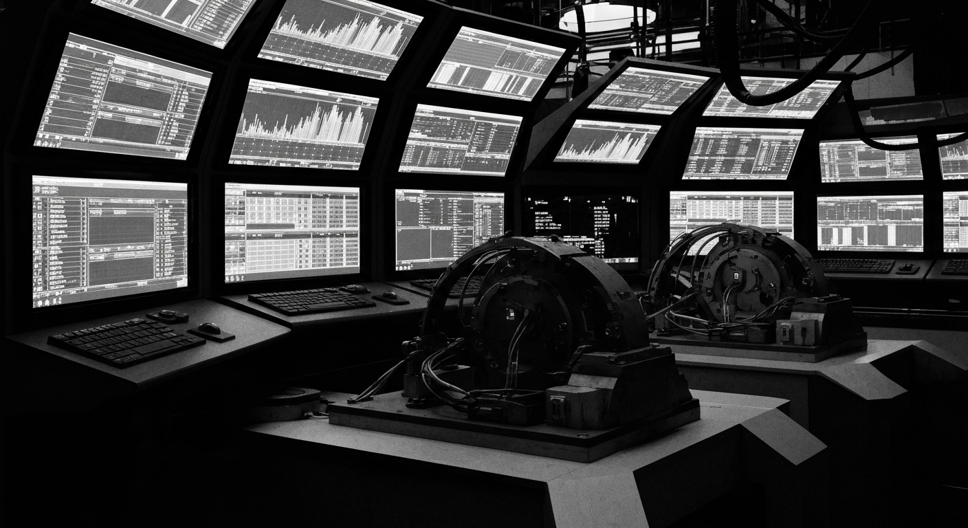 A high-contrast, cinematic close-up of the inner workings of a financial trading terminal, with blinking lights, intricate machinery, and multiple screens, representing the growing influence of crypto prediction markets as a macro risk signal.