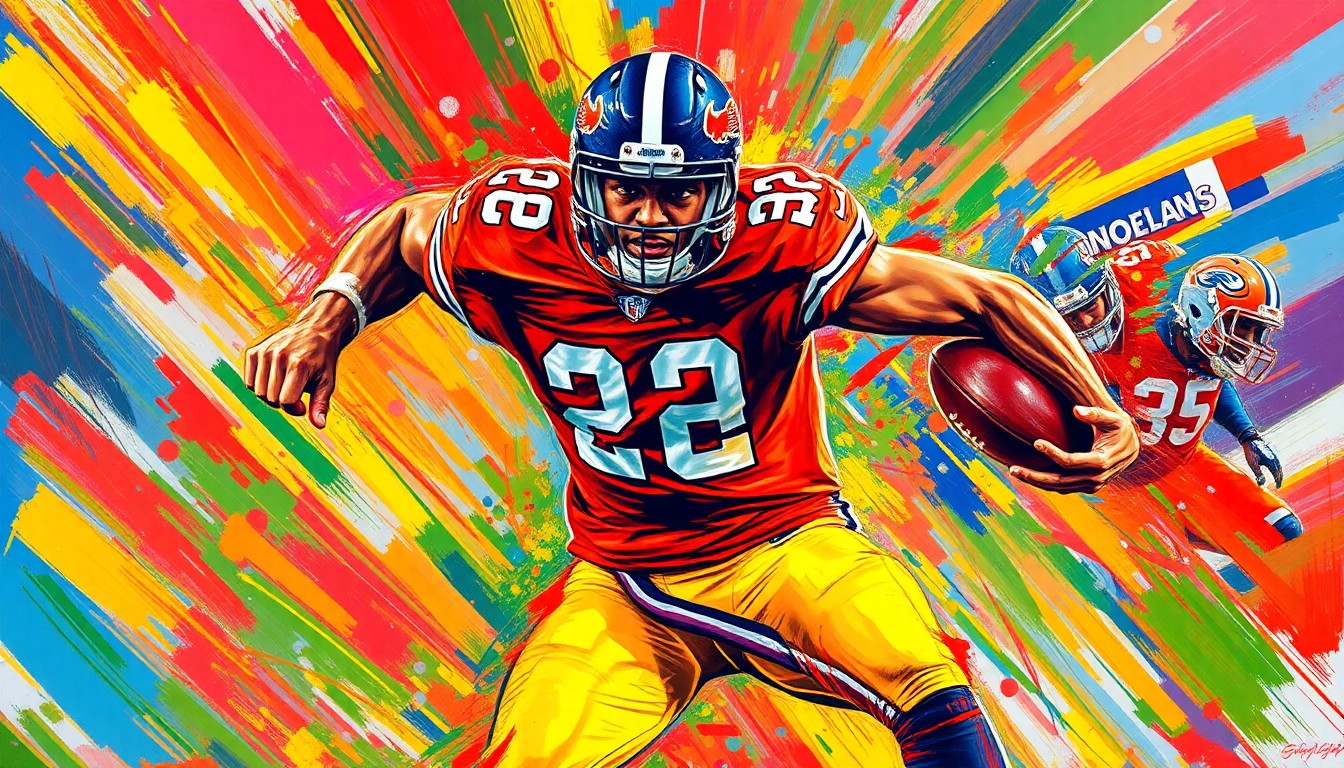 An abstract, energetic painting featuring bold brushstrokes and neon colors that capture the dynamic movement and raw athleticism of a football player in action, conveying the excitement and anticipation surrounding the pre-draft evaluation process.