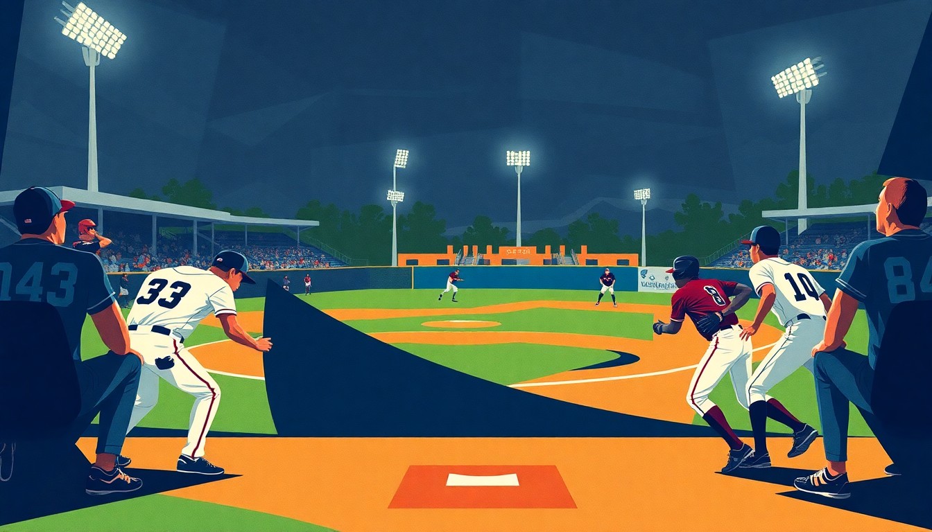 A fragmented, cubist-style illustration depicting the dynamic motion and energy of a high school baseball game, with sharp, overlapping geometric shapes and planes representing the players and field.