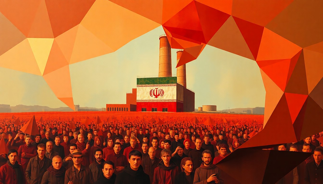 A vibrant, fragmented painting depicting an Iranian power plant surrounded by a swirling mass of human figures, conveying the chaotic energy and high stakes of the geopolitical standoff.