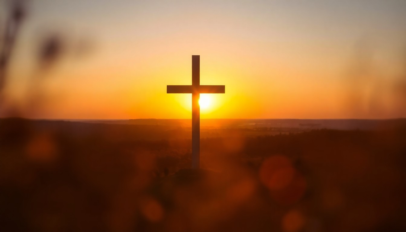 An out-of-focus photograph of the Bald Knob Cross monument silhouetted against a warm, golden sunrise sky, with the surrounding forest landscape blurred into abstract shapes and colors, conceptually representing the spiritual and communal nature of the annual Easter service.