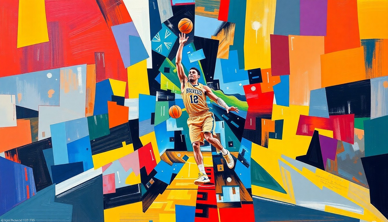 A fragmented, geometric painting depicting the dynamic movements of a college basketball player, with sharp planes of color representing the team's official colors.