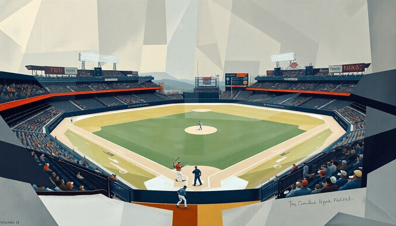 A fractured, multi-perspective painting breaking down a baseball game into sharp, overlapping geometric planes in muted earth tones, capturing the intensity of play and the cold winter weather.