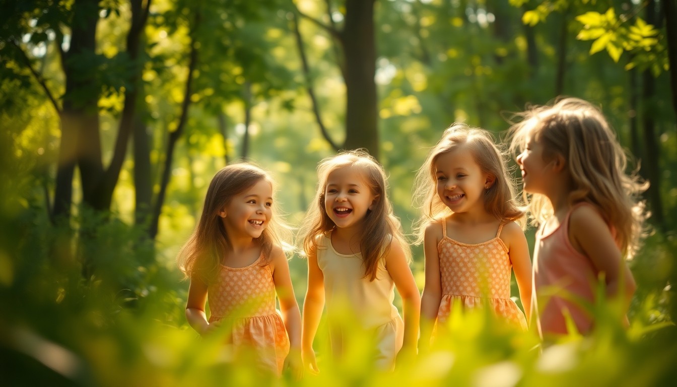 A soft, out-of-focus scene of young girls playing in a lush, green forest, with dappled sunlight filtering through the trees, creating a dreamlike, nostalgic atmosphere.