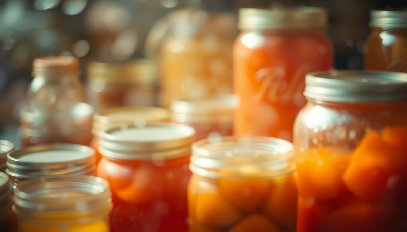 An abstract, impressionistic close-up of various canning jars and lids in soft, blurred focus, conveying the warm, homey atmosphere of food preservation.