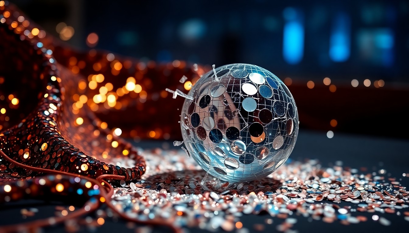 An extreme close-up photograph of shimmering sequins and shattered glass, creating a high-contrast, glamorous texture that evokes the energy and excitement of the Coachella music festival.