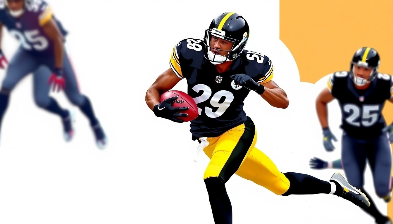 A cubist-style painting depicting a Steelers cornerback making an interception, with sharp, overlapping geometric planes representing the player's focus on generating more takeaways.