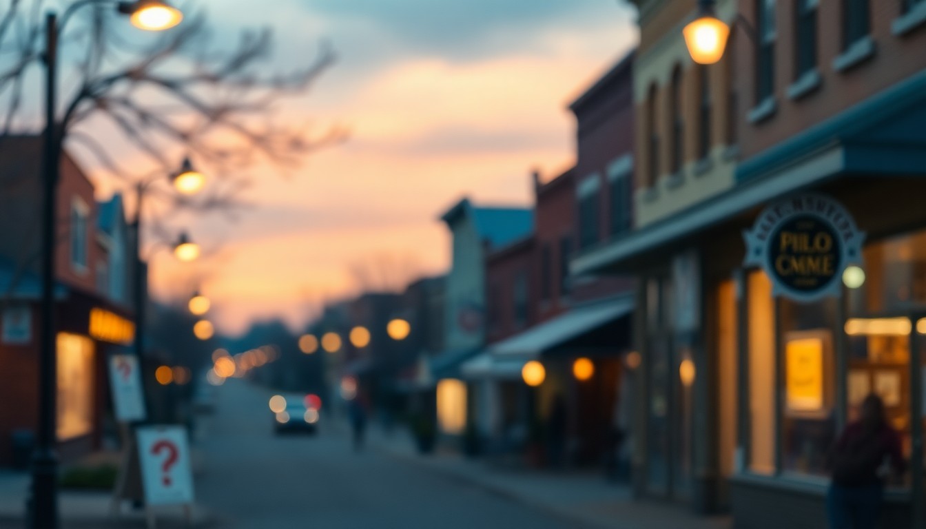 An impressionistic, out-of-focus scene of a small-town main street, with blurred streetlights and storefronts in a warm, nostalgic color palette, conveying a sense of community and the passing of time.