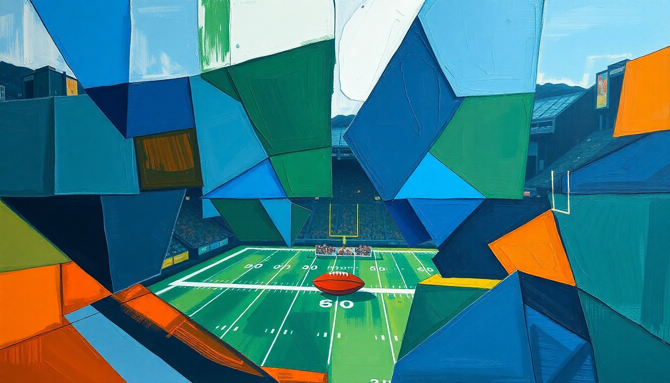 A cubist, geometric painting featuring overlapping planes of navy, green, and orange, conceptually representing the fragmented priorities and mixed messages surrounding the Pittsburgh school district's decision to close during the NFL draft.