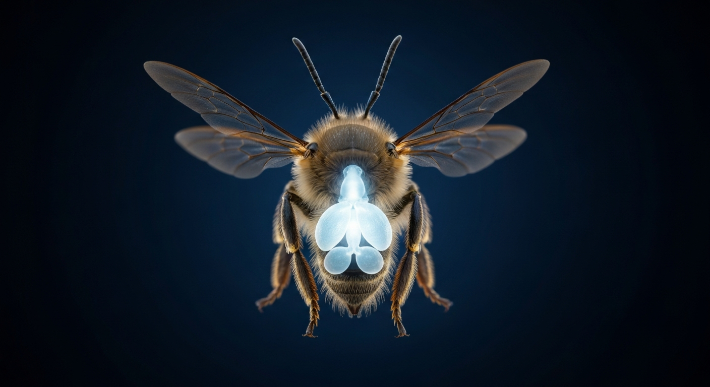 A translucent, ghostly X-ray image revealing the internal anatomy of a bee, with its stinger and venom sac glowing against a dark background, conceptually illustrating the dangers of early-season bee encounters.