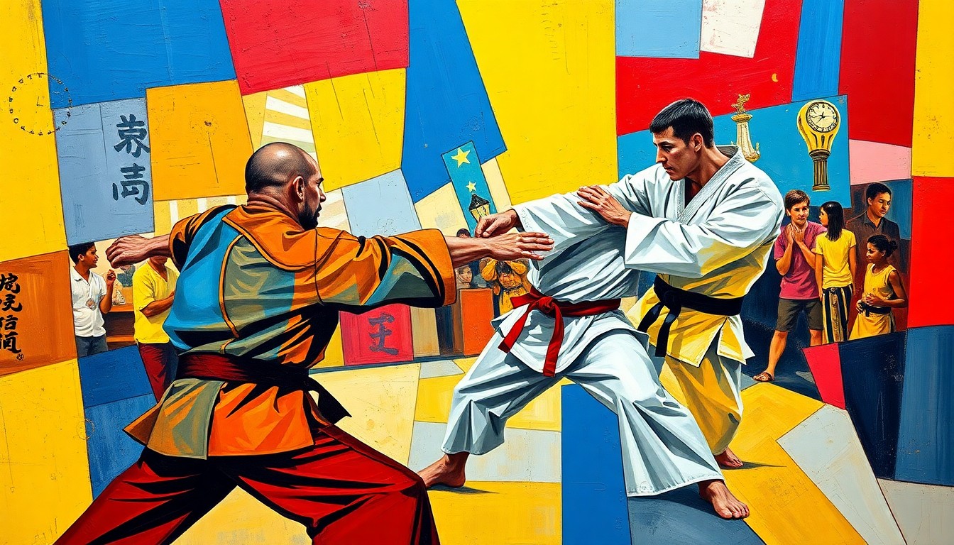 A fractured, cubist-style painting depicting the action and movement of a karate competition, with sharp geometric shapes and planes in a vibrant color palette conceptually representing the intensity and skill of the athletes.