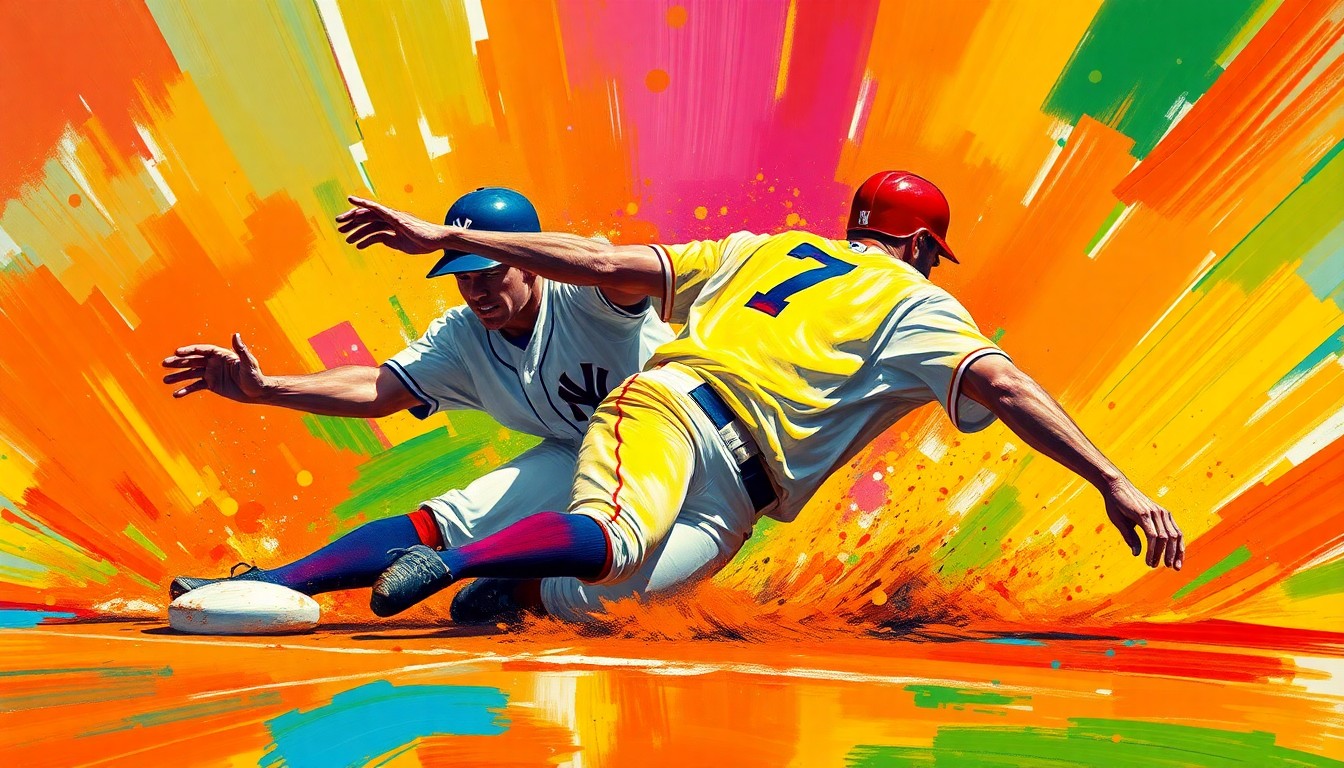 An abstract, energetic painting featuring bold, neon-colored brushstrokes that capture the dynamic motion of a baseball player sliding into a base, representing the record-setting performance of Jose Ramirez.