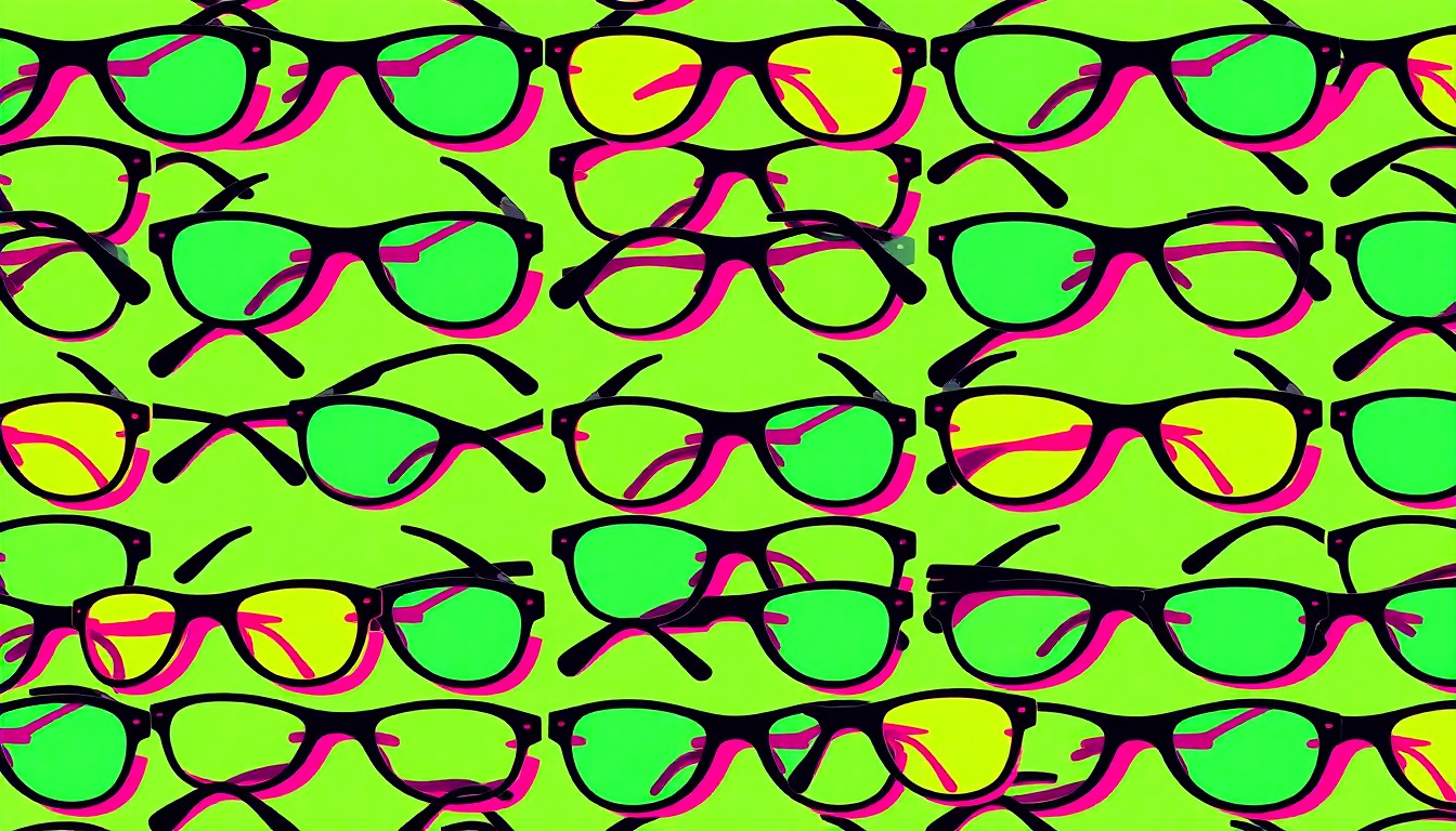 A high-contrast silkscreen print of a pair of eyeglasses repeated in a grid pattern, using vibrant neon colors and heavy black outlines to transform the everyday object into a modern pop art piece.