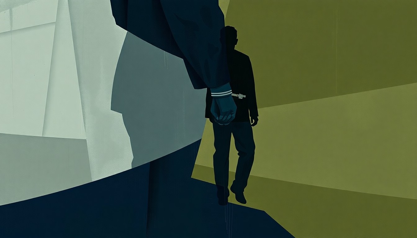 A fractured, abstract painting in navy, grey, and olive green depicting the silhouette of a military uniform and a handcuffed figure, conceptually representing the disruption to military families caused by aggressive immigration enforcement.