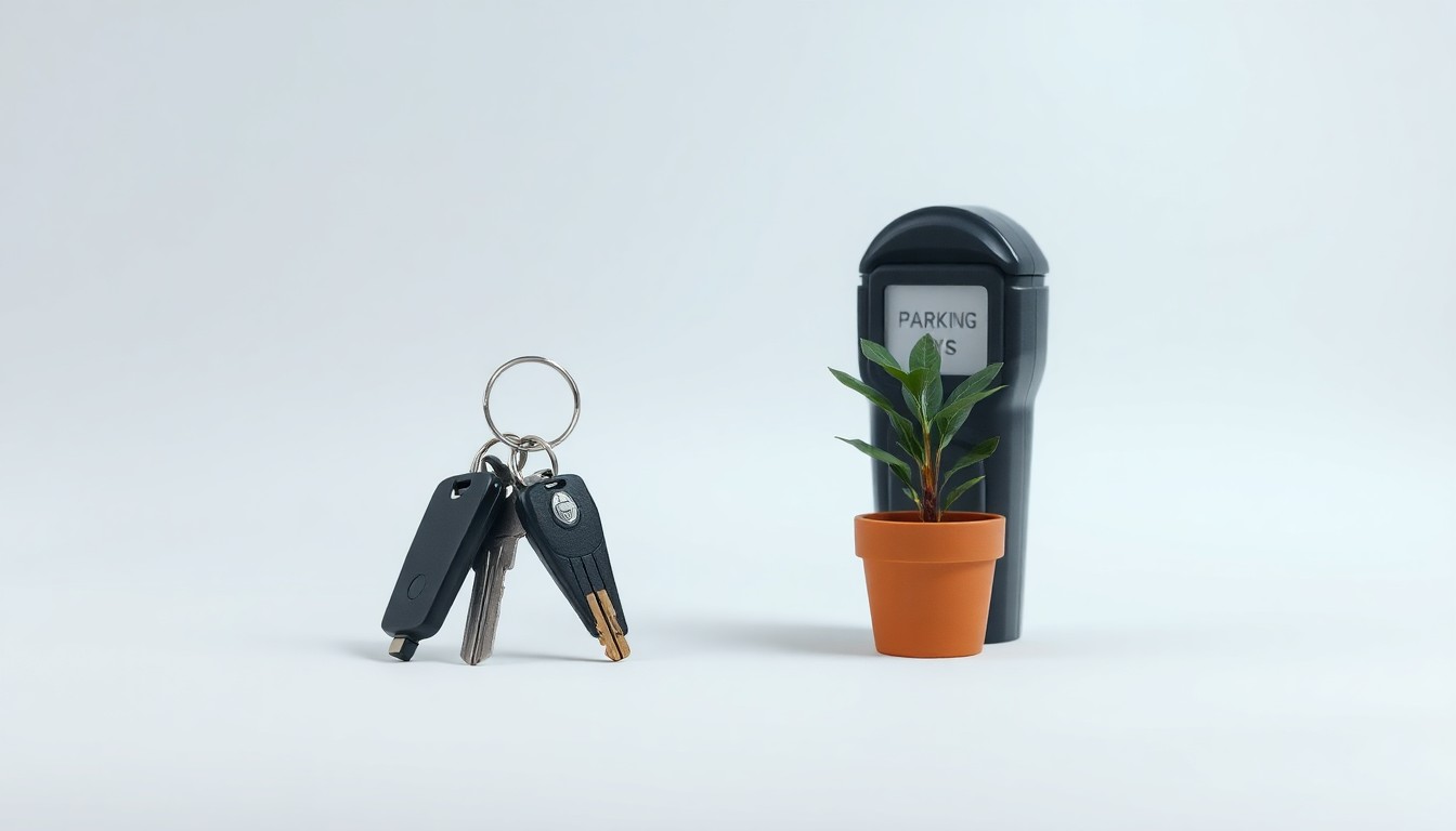 A high-end, photorealistic studio still-life featuring a set of car keys, a parking meter, and a small potted plant arranged elegantly against a clean, monochromatic background, representing the abstract concepts of urban parking policy and small business economics.