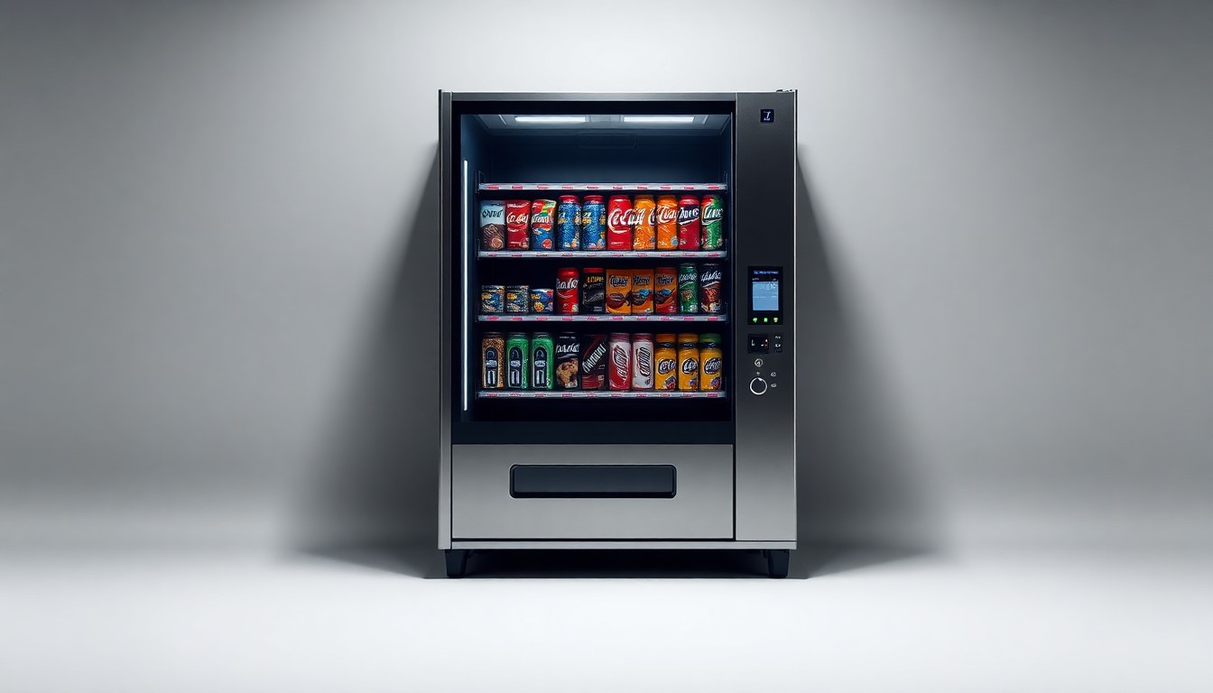 A photorealistic studio still life of a sleek, modern vending machine made of polished stainless steel and glass, placed on a clean, monochromatic background and illuminated with dramatic studio lighting to symbolize the strategic importance of machine placement and operational expertise in the automated retail industry.