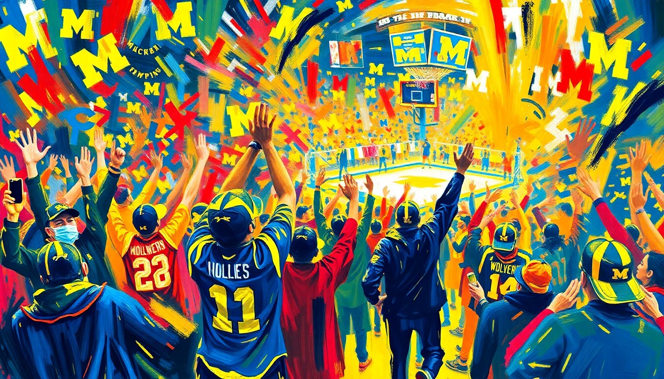 An abstract, expressionist painting in vibrant shades of blue and yellow, with dynamic, blurred figures representing excited Michigan Wolverines fans celebrating their team's National Championship victory.
