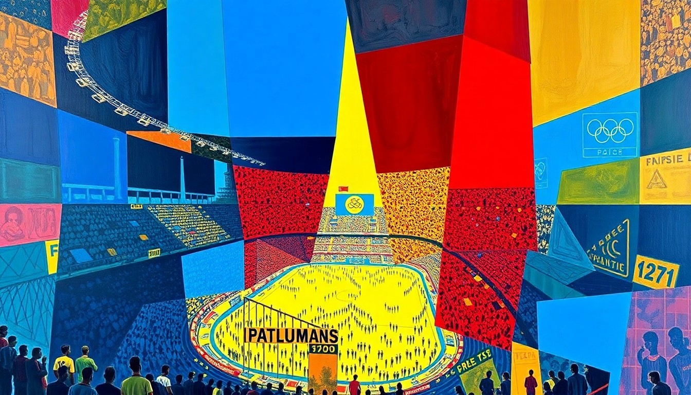 A fragmented, cubist-style painting depicting an Olympic stadium scene broken down into sharp, overlapping geometric shapes and planes of color, conveying the frustration and exclusion felt by local residents over ticket prices.