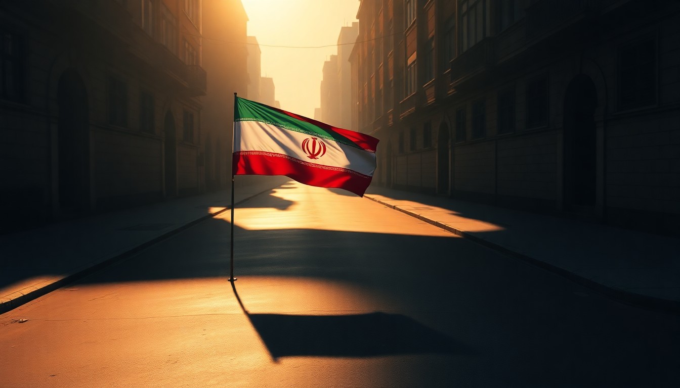 A serene, cinematic painting depicting an Iranian flag waving alone on a deserted urban street, bathed in warm, diagonal sunlight and deep shadows, conveying the somber mood and lack of resolution in the longstanding U.S.-Iran conflict.