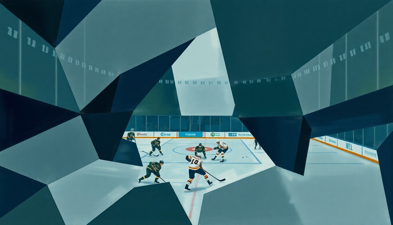 A cubist, geometric painting depicting a hockey game or match, with the players and action broken down into sharp, overlapping planes of muted navy, gray, and green tones, conveying the fractured nature of a team in transition.