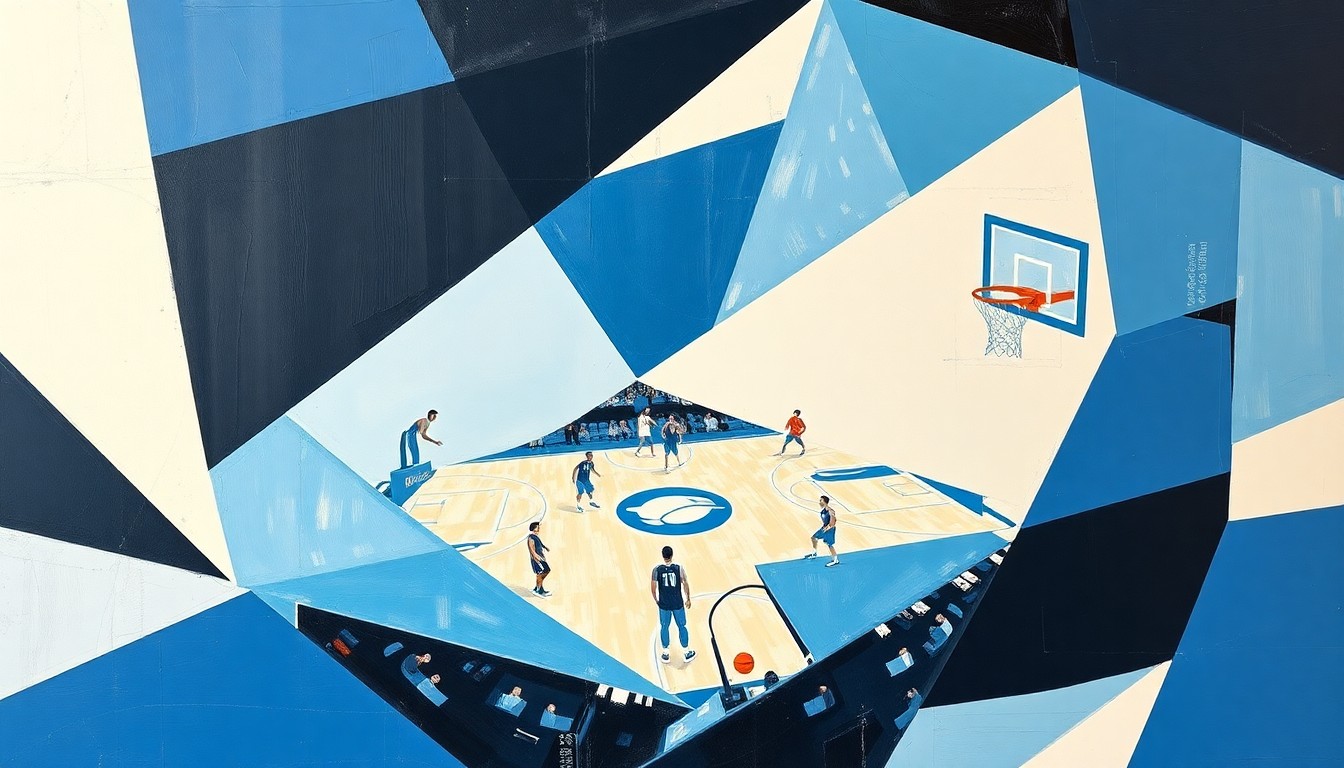 A fragmented, cubist-style painting depicting a basketball game, with the court and players broken down into sharp, overlapping geometric shapes in shades of blue, white, and black, conveying the conceptual idea of a program in transition.
