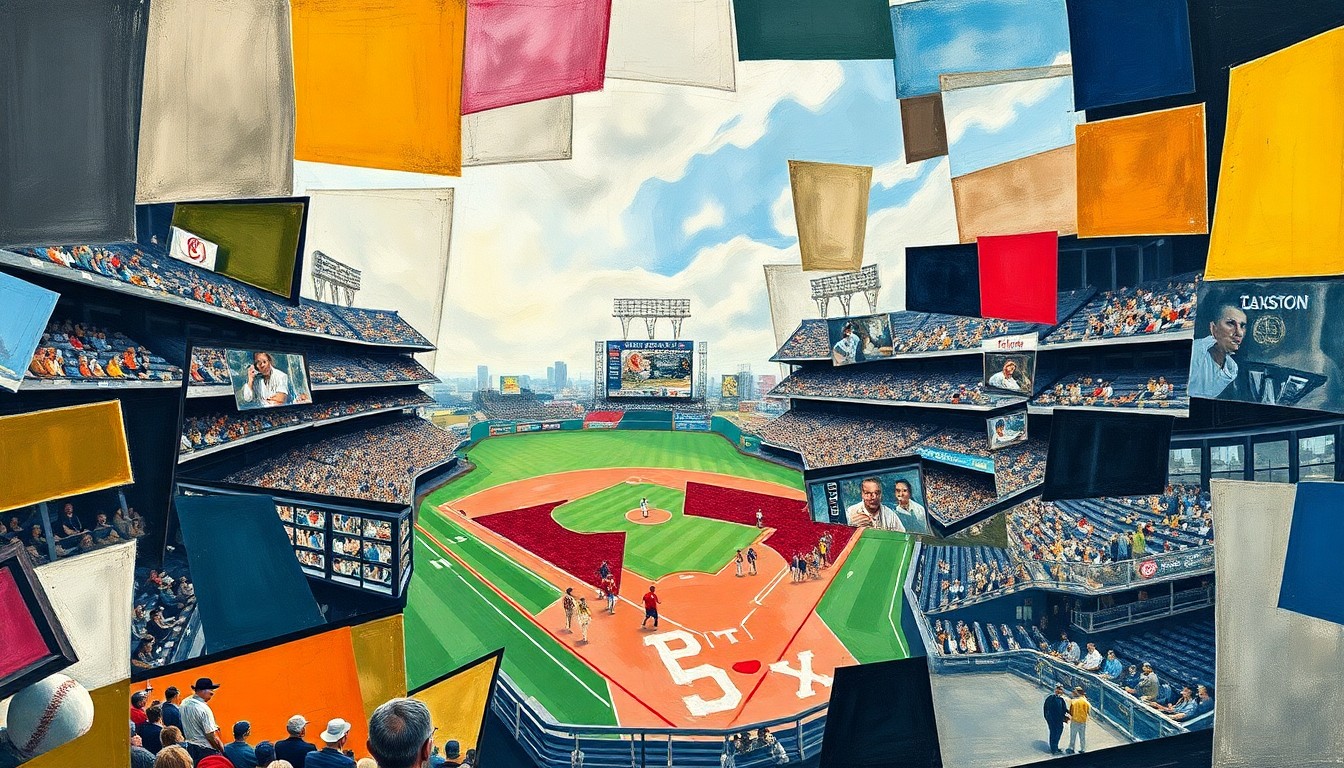 A cubist, geometric painting depicting a baseball game, with sharp, overlapping planes of color and form representing the confrontation between players on the field.