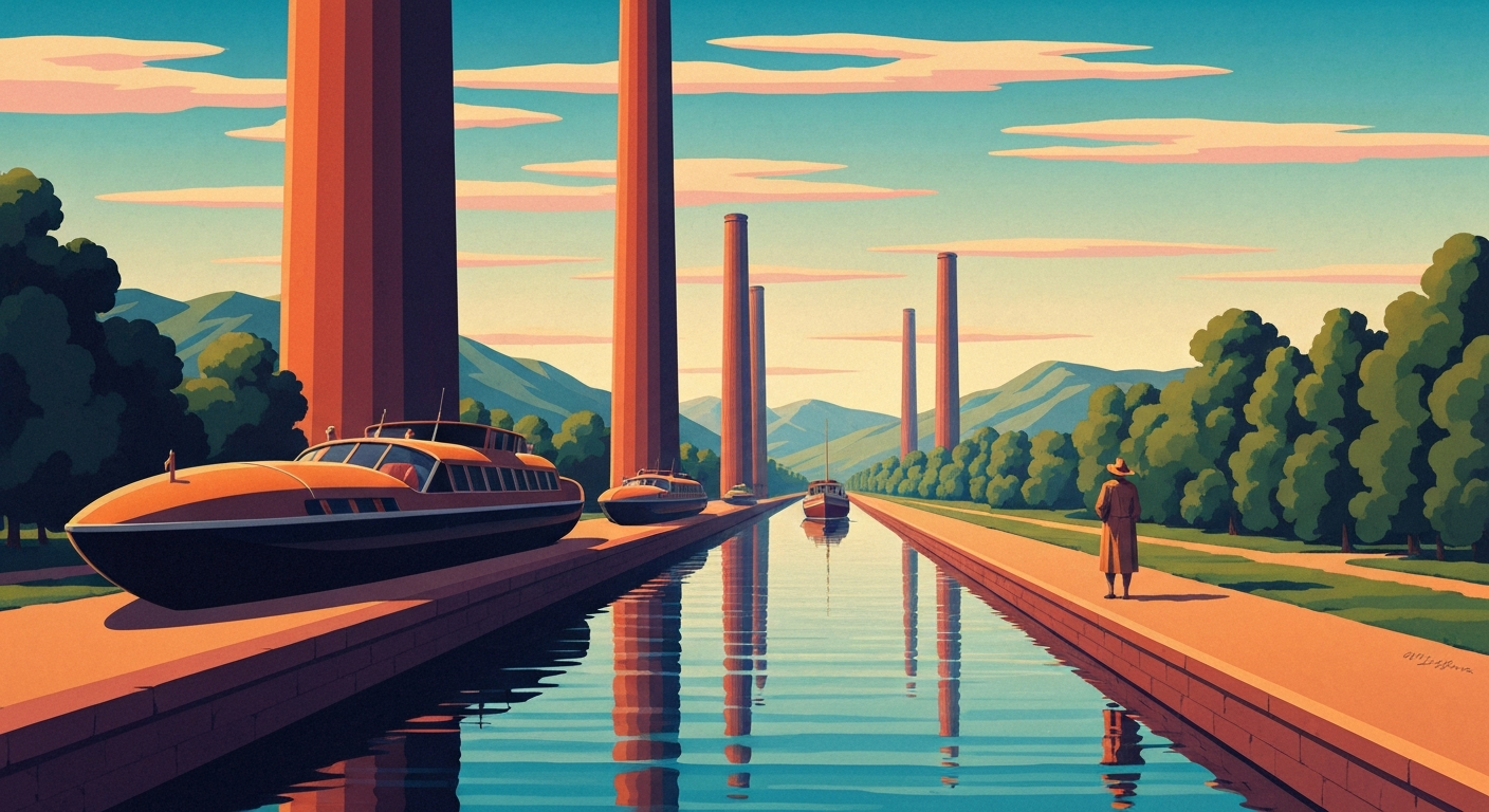 A highly stylized, geometric illustration depicting the sweeping grandeur of the Wabash & Erie Canal, with towering forced perspectives and smooth, airbrushed gradients capturing the romantic essence of this historic Indiana landmark.