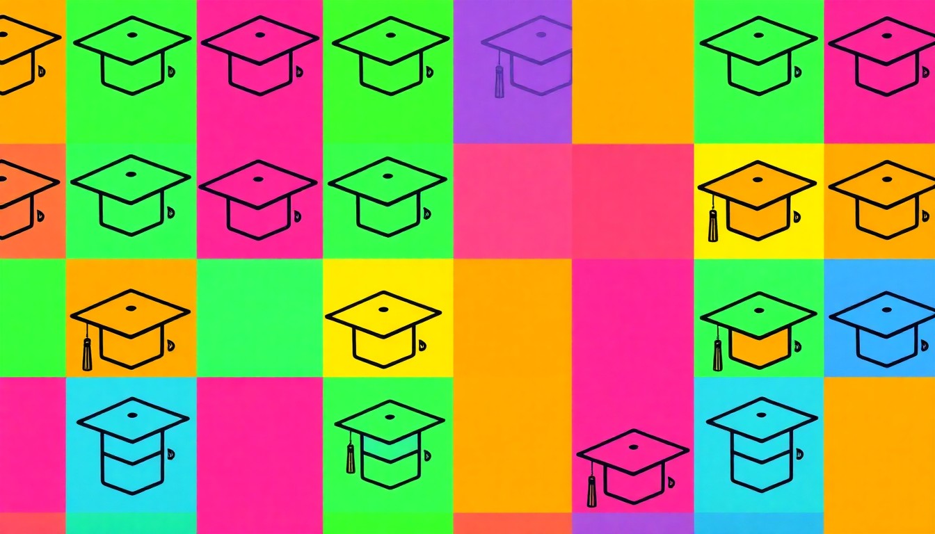 A bold, abstract silkscreen print featuring a repeated icon of a graduation cap in a grid of neon colors and heavy black outlines, conceptually representing the dispute over academic traditions and shared governance at the University of Arizona.