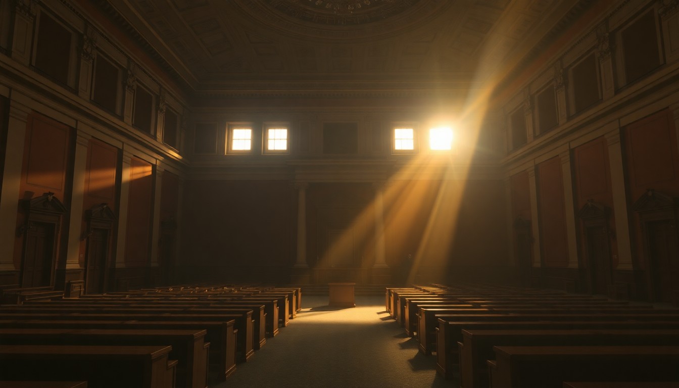 A serene, cinematic painting of an empty government building or legislative chamber, with warm sunlight streaming through the windows and deep shadows casting a somber mood, conveying a sense of political stagnation and institutional dysfunction.