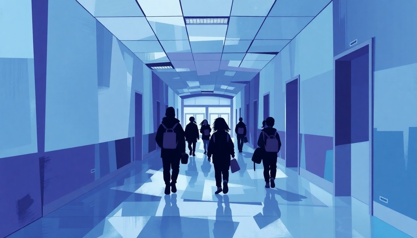 A dynamic, abstract painting of a school hallway with overlapping, fractured shapes in shades of blue, grey, and purple, conveying a sense of motion and change.